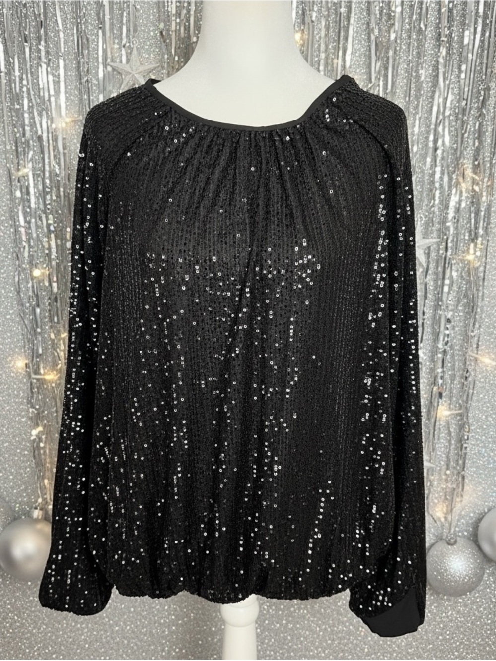 Torrid Black Sequin Bubble Hem Blouse Long Sleeve Sparkle Top Plus Size